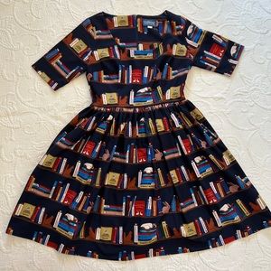 Collectif Vintage London Library Bunny Cat Navy Blue Dress Size Large